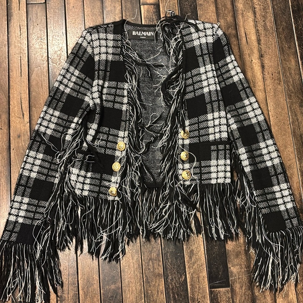 Balmain Plaid Fringe jacket